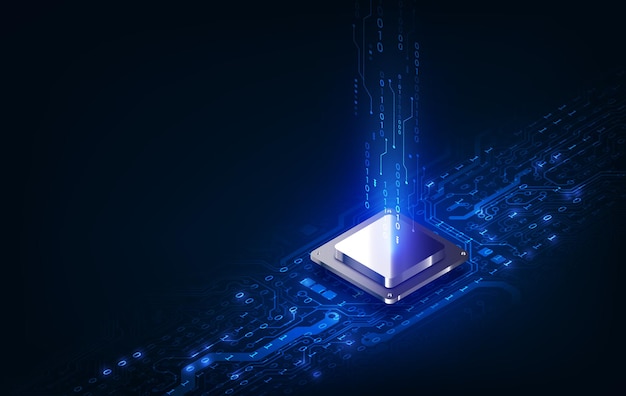 Placa de circuito de fondo de procesador de chip de tecnología abstracta y código html, vector de fondo de tecnología azul de ilustración.