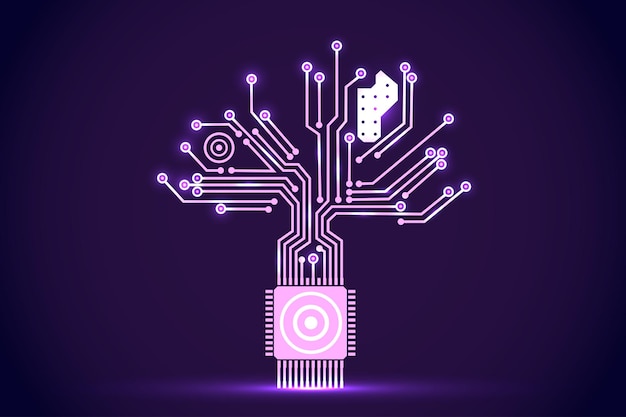 Placa de circuito en forma de árbol electrónico. Elementos vectoriales electrónicos para diseño cibernético.