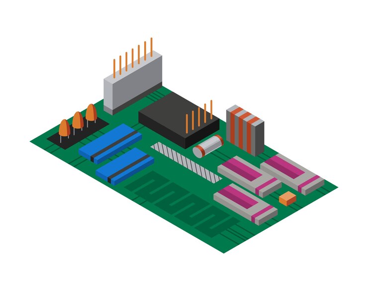 Vector placa de circuito isométrica con componentes electrónicos. circuito de procesador de tecnología de chip de computadora y sistema de información de placa base de computadora. composición electrónica 3d aislada