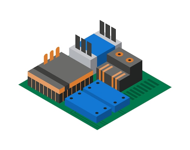 Placa de circuito isométrica con componentes electrónicos circuito de procesador de tecnología de chip de computadora y sistema de información de placa base de computadora composición electrónica aislada en 3d