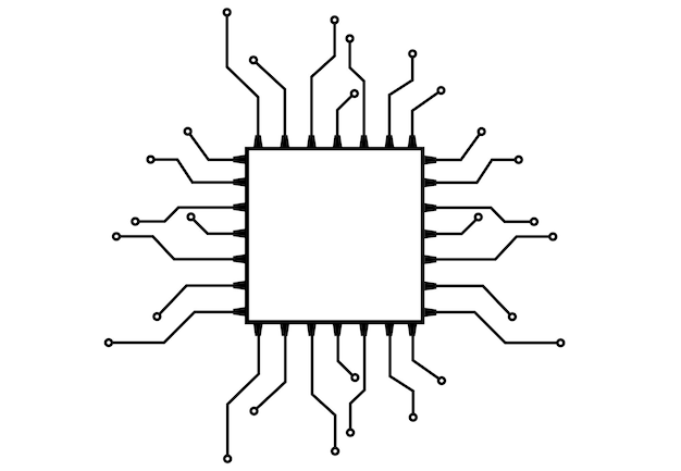 Placa de circuito con un microprocesador para una electrónica de ilustración de vector de esquema de computadora