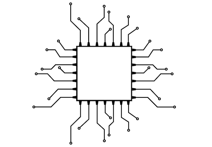 Vector placa de circuito con un microprocesador para una electrónica de ilustración de vector de esquema de computadora