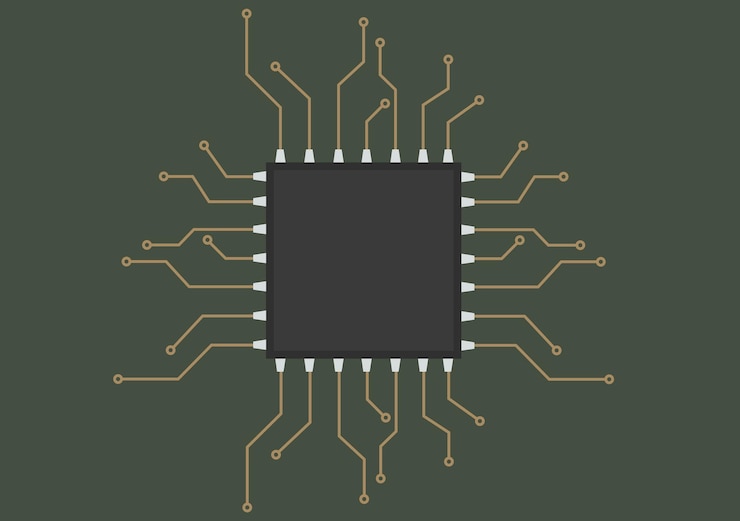 Vector placa de circuito con un microprocesador para una electrónica de ilustración de vector de esquema de computadora