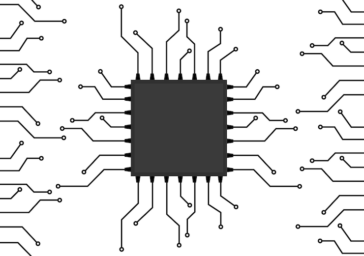 Vector placa de circuito con un microprocesador para una electrónica de ilustración de vector de esquema de computadora
