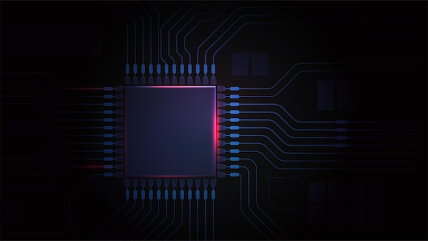 Vector placa de circuito de la placa base de la computadora con chip de cpu potencia de la luz en el procesador fondo oscuro