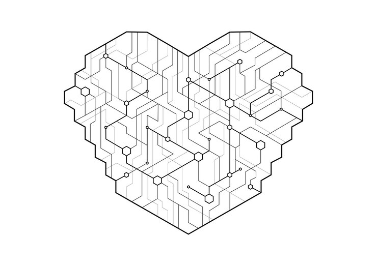 Vector placa de circuito de punto en forma de corazón diseño simple concepto de inteligencia artificial