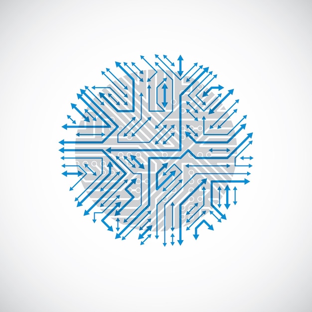Placa de circuito redonda con componentes electrónicos de dispositivo tecnológico. Abstracción de vector azul cibernético de placa base de computadora con flechas multidireccionales.