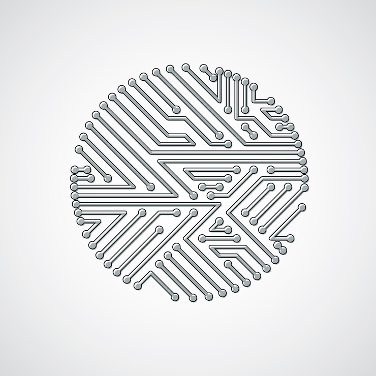 Vector placa de circuito redonda con componentes electrónicos de dispositivo tecnológico. abstracción del vector cibernético de la placa base de la computadora.
