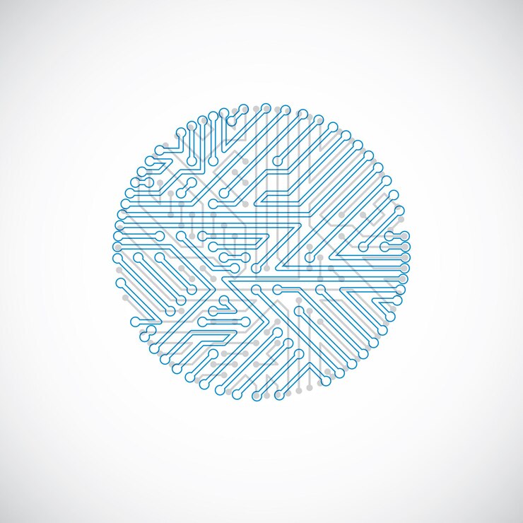 Vector placa de circuito redonda con componentes electrónicos de dispositivo tecnológico. abstracción de vector colorido cibernético de placa base de computadora.