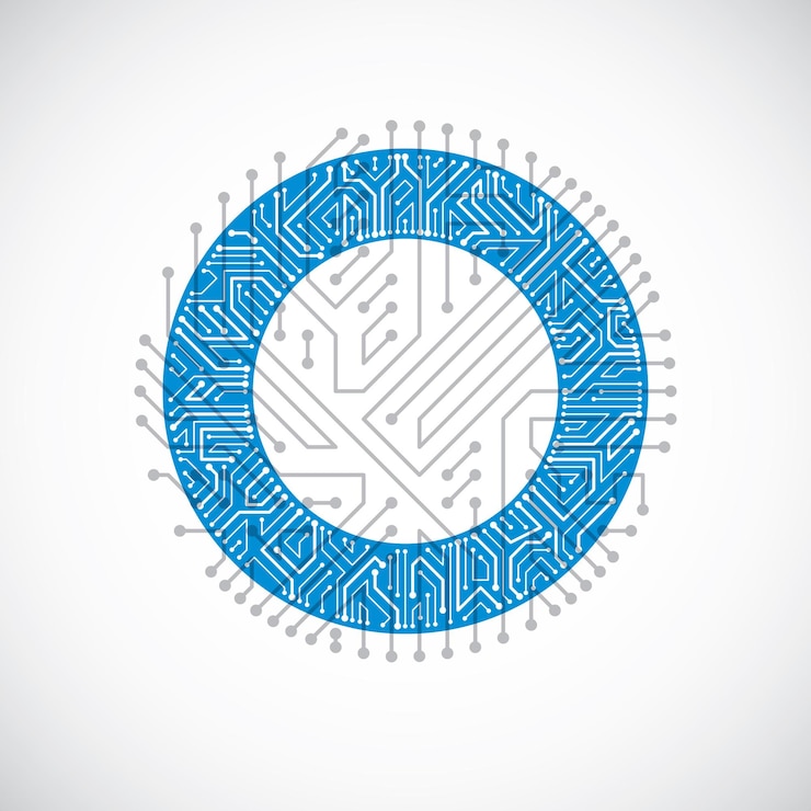 Vector placa de circuito redonda con componentes electrónicos de dispositivo tecnológico. abstracción de vector colorido cibernético de placa base de computadora.