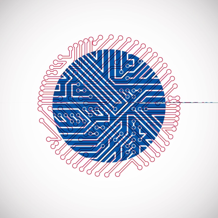 Vector placa de circuito redonda con componentes electrónicos de dispositivo tecnológico. abstracción de vector colorido cibernético de placa base de computadora.