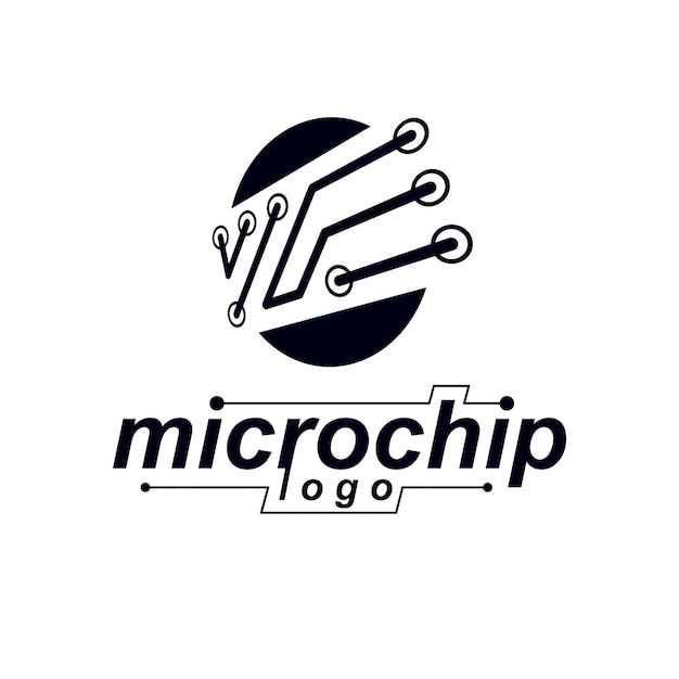 Placa de circuito vectorial con componentes electrónicos del dispositivo tecnológico. Abstracción cibernética de la placa base de la computadora, logotipo del microchip.