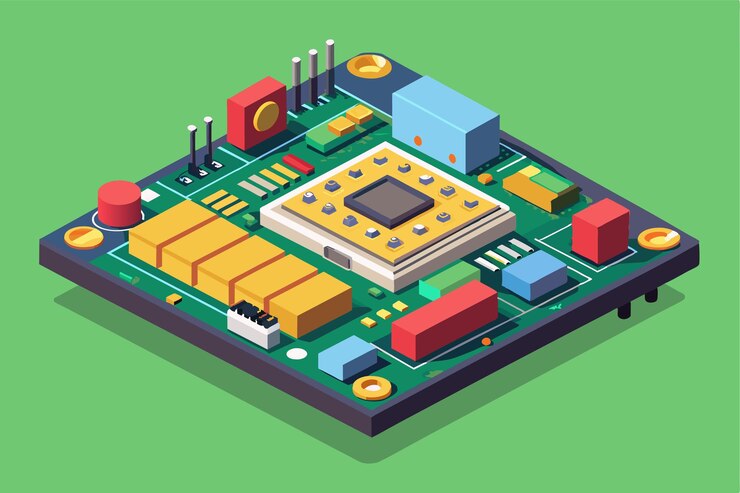 Vector una placa de circuitos impresos semiplano que muestra varios componentes electrónicos y un diseño personalizable tabla de circuitos imprimidos personalizable ilustración semiplano