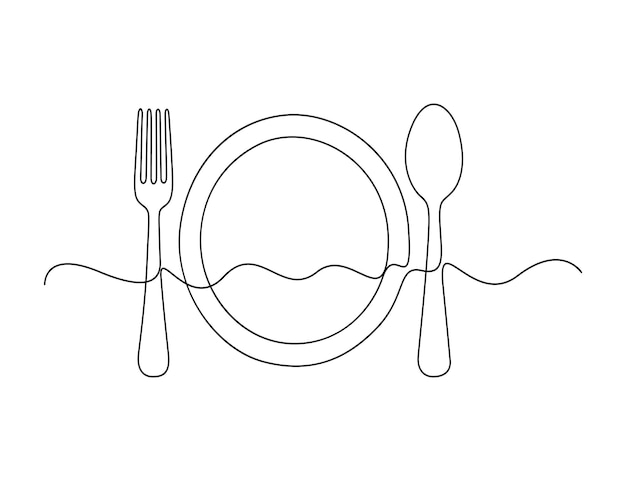 Placa cuchara tenedor y cuchillo continuo una línea de dibujo decoración para café cocina restaurante
