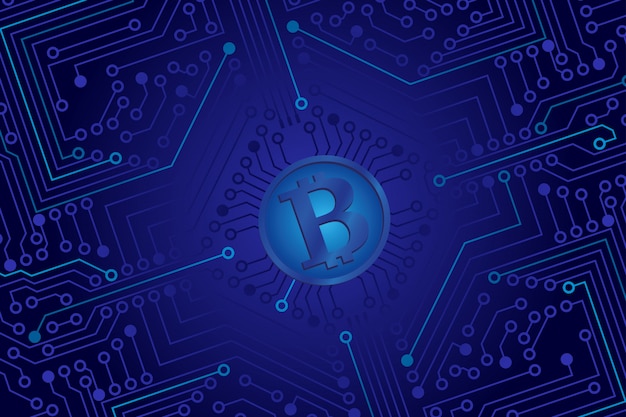 Vector la placa electrónica de la computadora en color azul con un bitcoin en el centro.