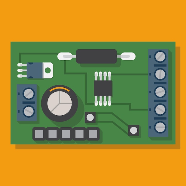 Placa electrónica Placa base computadora de repuesto Ilustración vectorial diseño plano Equipo electrónico Procesador pc Placa de circuito con microchip Conjunto de chips de computadora