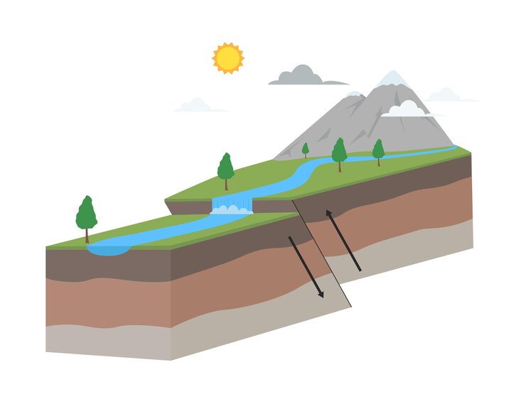 Vector placa de falla geológica transformación abajo arriba sección transversal de la tierra