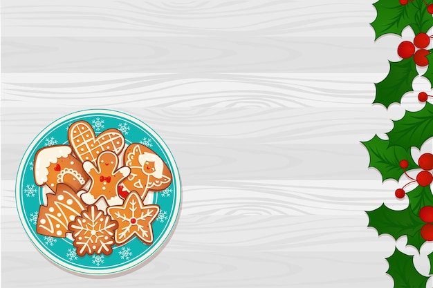 Placa con galletas de Navidad de jengibre sobre mesa de madera y borde de muérdago. Ilustración de vector de vista superior para el diseño de vacaciones de invierno y año nuevo.