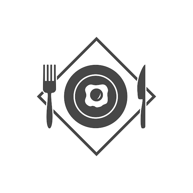 Placa de icono de menú de restaurante negro con huevos fritos y tenedor de cubiertos, cuchillo aislado