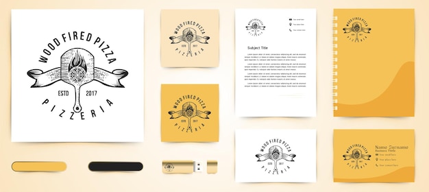 Placa de madera de pizza, logotipo de insignias vintage y plantilla de marca de tarjetas de visita inspiración de diseños, ilustración vectorial