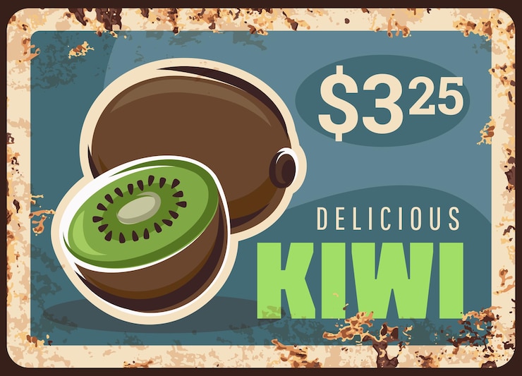 Vector placa de metal de kiwis, signo de precio de alimentos de mercado, cartel retro