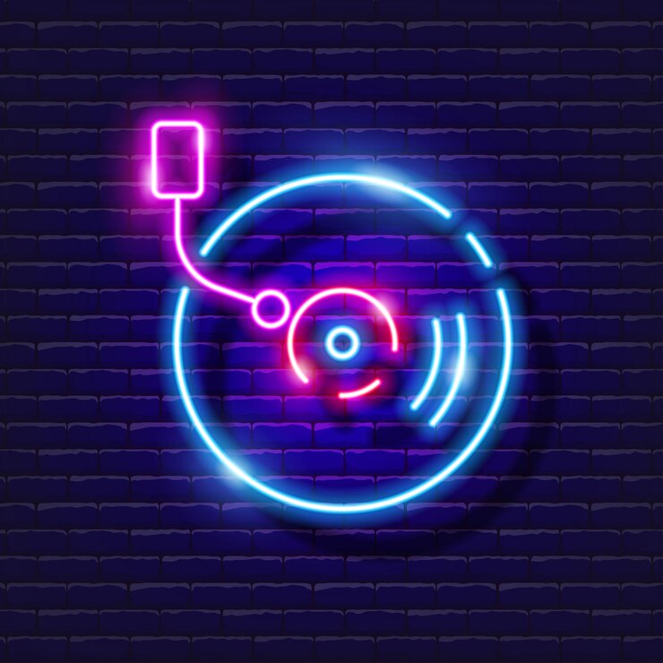 Vector placa de música icono de neón música signo brillante concepto de música ilustración vectorial para estudio de grabación de sonido diseño carteles publicitarios estudio vocal