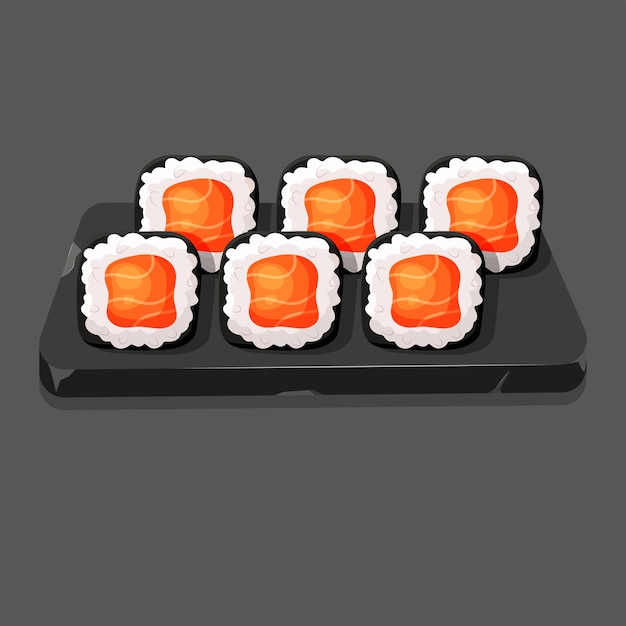 Placa de piedra rota con juego de rollos de sushi con dibujos animados de comida asiática de salmón nori