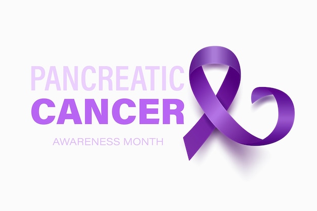 Placa de tarjeta de pancreas con cinta púrpura realista con vector 3d en fondo púrpura símbolo del mes de concienciación sobre el cáncer de páncreas concepto del día mundial del cáncer de páncreas