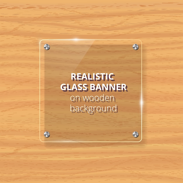 Vector placa de vidrio transparente. fondo de madera amarilla. elemento decorativo panel de plástico brillante con reflejo, sombra.