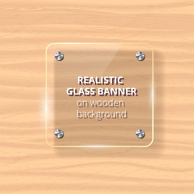 Vector placa de vidrio transparente. fondo de madera amarilla. elemento decorativo panel de plástico brillante con reflejo, sombra.