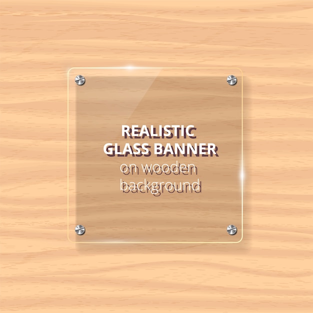 Vector placa de vidrio transparente. fondo de madera amarilla. elemento decorativo panel de plástico brillante con reflejo, sombra.