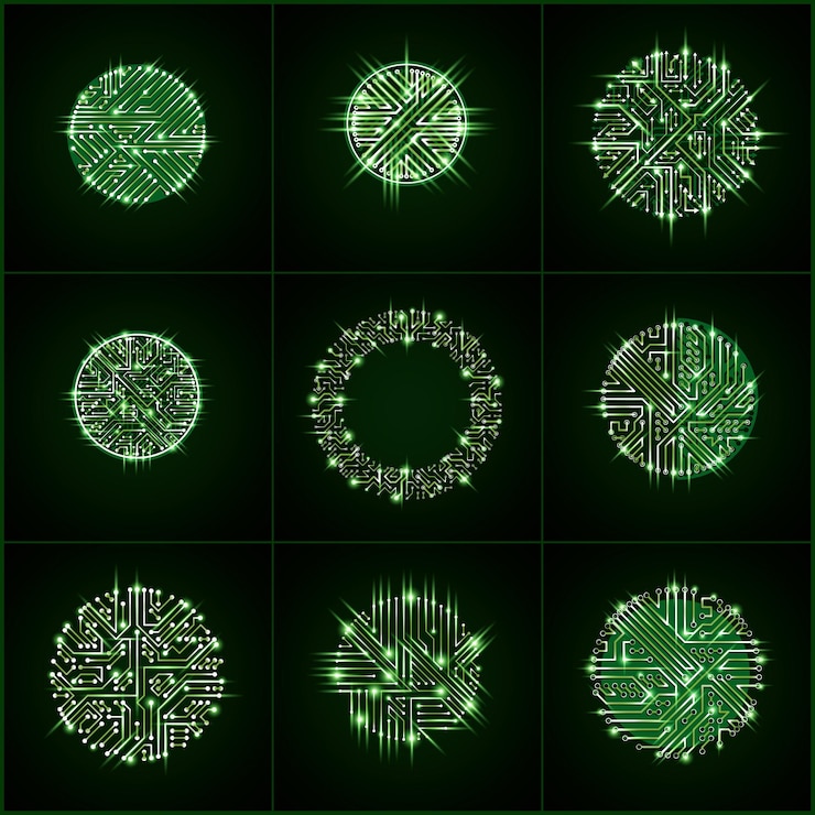 Vector placas de circuito verdes luminiscentes redondas con componentes electrónicos de dispositivos tecnológicos. placas base de computadora abstracciones de vectores cibernéticos con efecto flash y flechas.