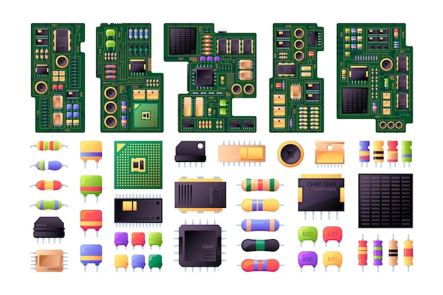 Vector placas de circuitos semiconductores hardware componentes informáticos microchip diodos placa base microprocesador equipo electrónico conjunto de vectores