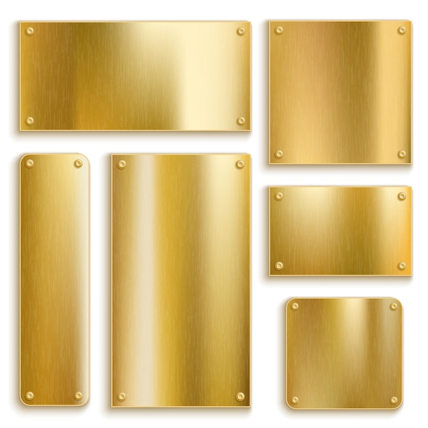 Placas doradas placa amarilla metálica dorada brillante cuadrada y rectangular pancarta de bronce etiqueta en blanco texturizada pulida con tornillos colores degradados pancarta de lujo fondo vector conjunto aislado realista