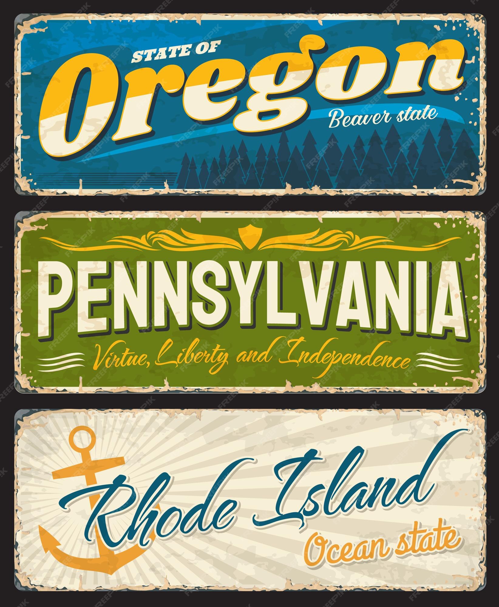 Placas envejecidas de oregon, pennsylvania y rhode island con símbolos