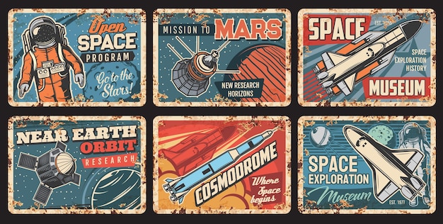 Placas de metal espacial, cohetes, astronautas y planetas.