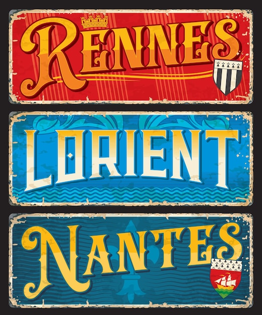 Vector placas de viaje de la ciudad francesa de rennes lorient nantes