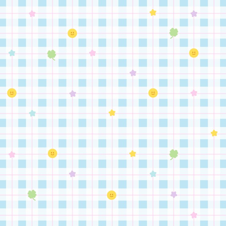 Plaid cuadrado azul con caras sonrientes trébol patrón de estrella de hoja afortunada para impresión de papel tapiz de fondo
