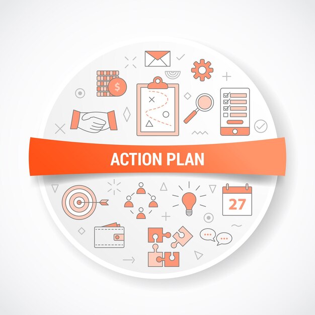 Plan de acción empresarial con concepto de icono con forma redonda o circular