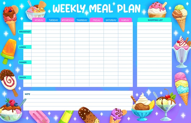 Plan de comidas semanal con helado de dibujos animados, helado de vainilla, helado de cono y jugo de fruta, helado de chocolate, palito de chocolate, menú de dieta, página de diario de la semana, comida, calendario vectorial semanal o planificador con postres congelados