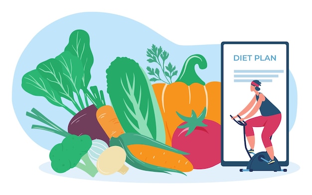 Plan de dieta en línea Personaje femenino haciendo ejercicio en bicicleta Mujer con sobrepeso comiendo alimentos saludables verduras frescas Monitoreo de atención médica con ilustración de vector de aplicación de teléfono móvil