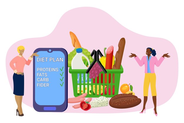 Vector plan de dieta planificación de una dieta saludable mediante una aplicación instalada en un teléfono inteligente