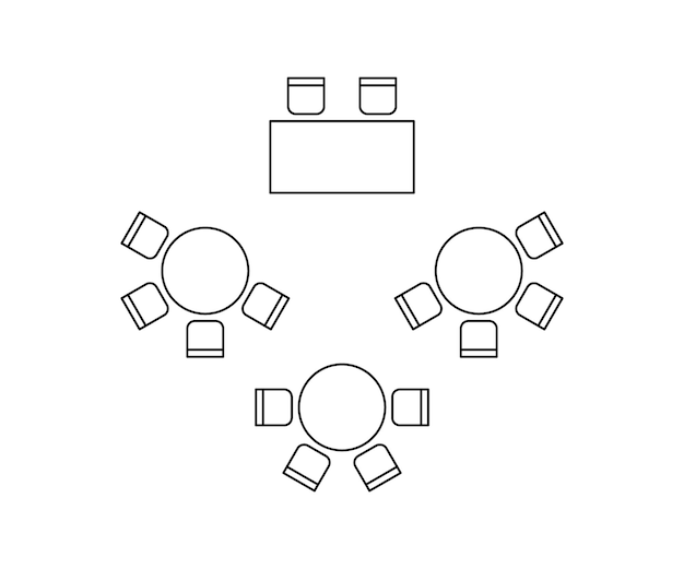 Plan para la disposición de asientos y mesas en el interior del diseño gráfico de la boda del banquete del evento, señales de línea