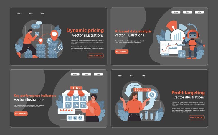 Vector plan de ganancias minoristas web o de aterrizaje que muestra la fijación de precios dinámicos basada en la ayuda análisis de datos métrica clave
