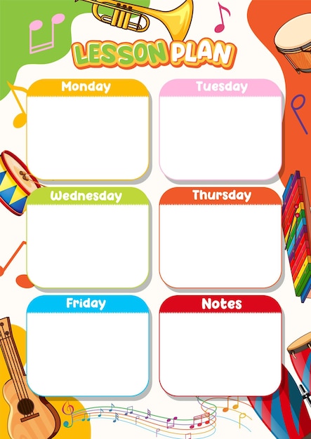 Vector plan de lecciones semanales temas de instrumentos musicales