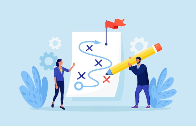 Plan para lograr el objetivo Empresarios que planifican la estrategia comercial en la táctica de marketing de pizarra para alcanzar el objetivo Análisis del proyecto Esquema de acción del gráfico Solución de lluvia de ideas del equipo para el éxito