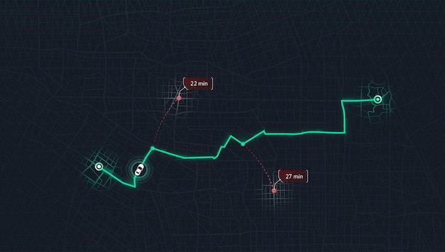 Plan de navegación abstracto en el mapa de la ciudad concepto del camino más corto al mapa de la meta con el objetivo previsto y