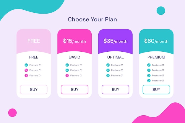 Vector plan de precios en la plantilla de infografía de comparación de tablas