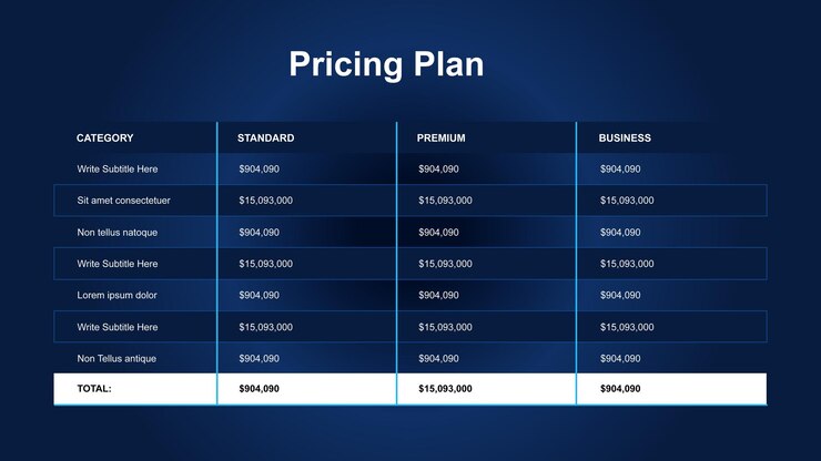 Vector plan de precios para standard premium y business