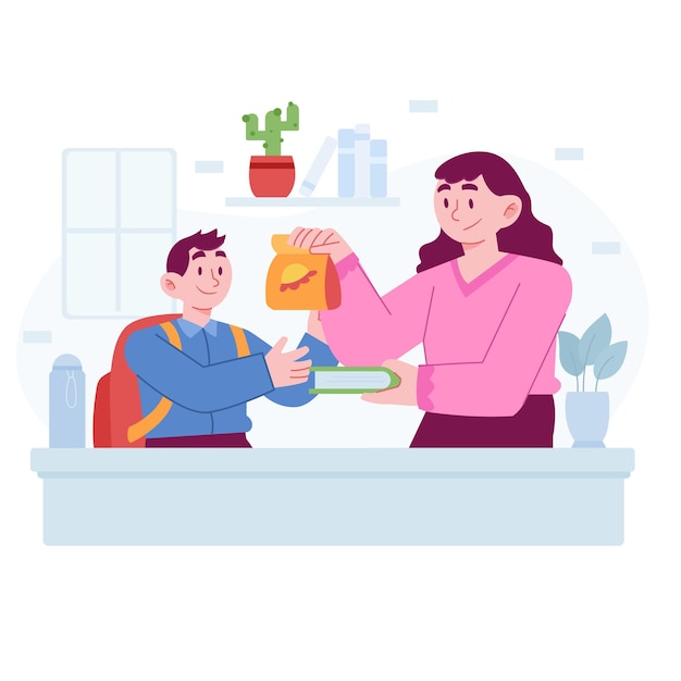 Plana Volver al concepto de escuela vector Ilustración idea padre preparando a su hijo de comida para la escuela